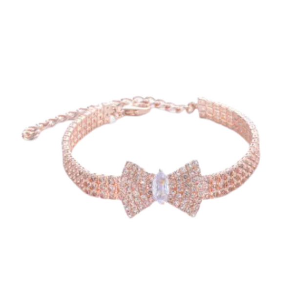 Diamante Bow Dog Necklace - Rose Gold