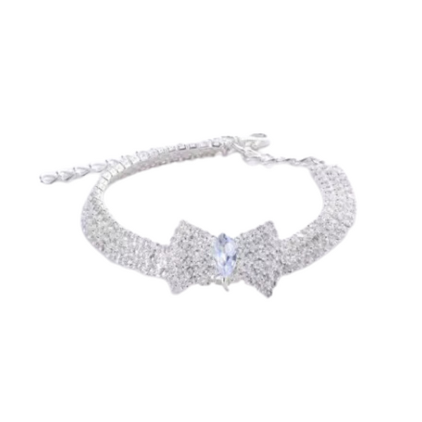 Diamante Bow Dog Necklace - Silver