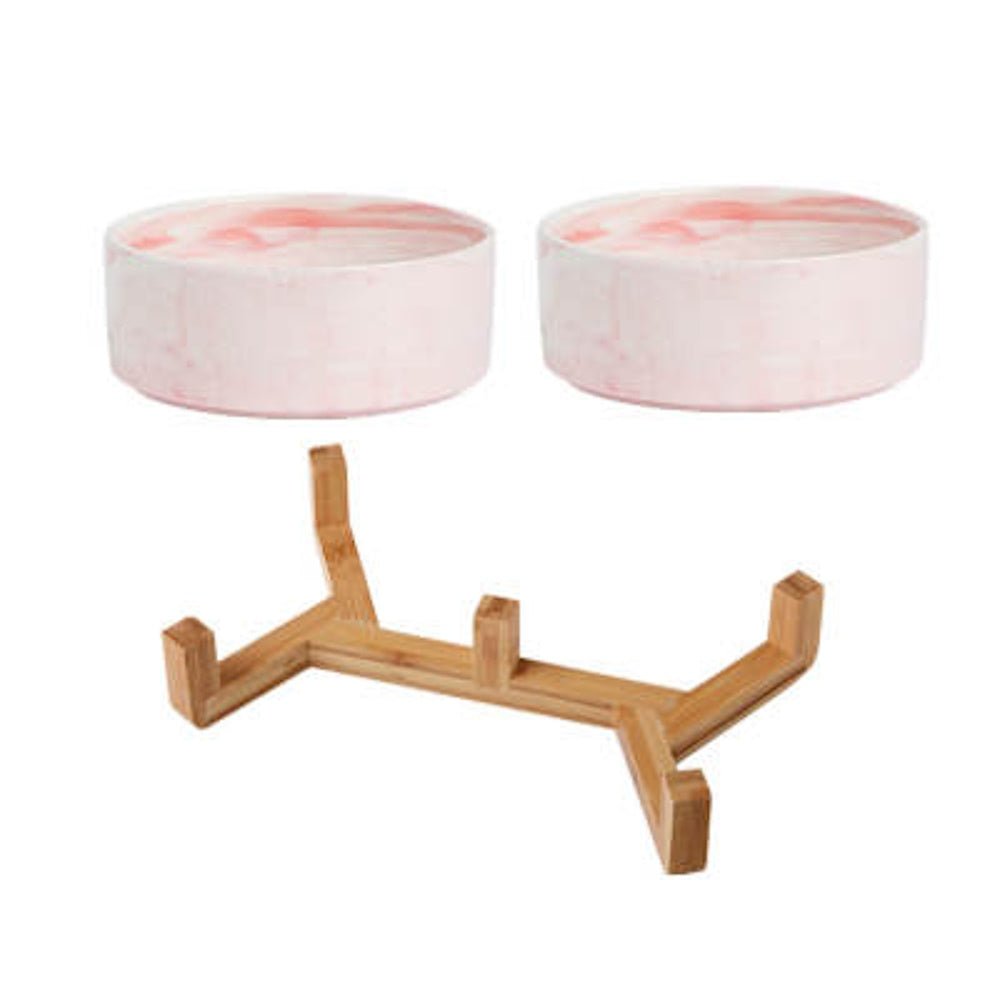 Double Marble Ceramic Bowls With Bamboo Stand - Bowls from . at DoggyTopia