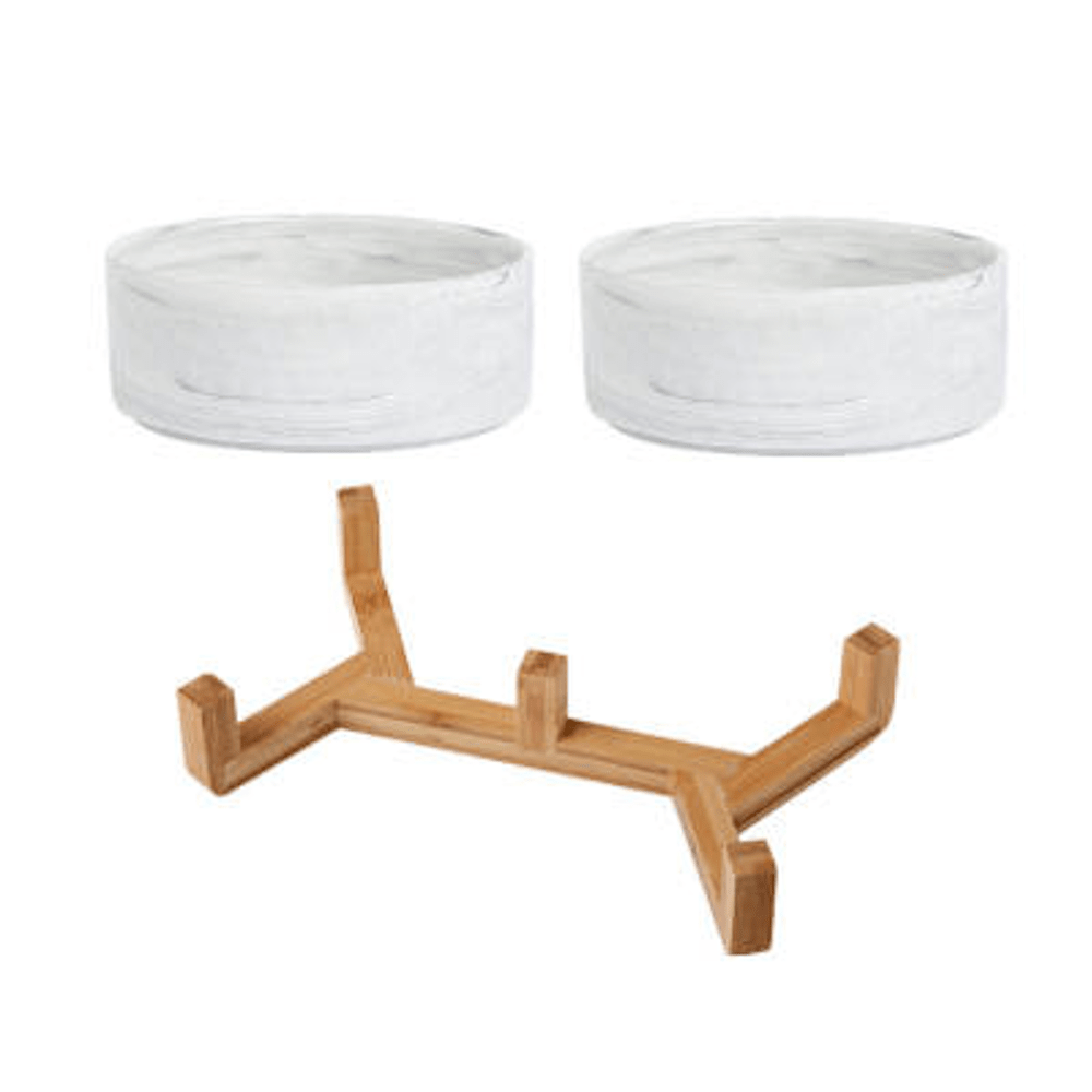 Double Marble Ceramic Bowls With Bamboo Stand - Bowls from . at DoggyTopia