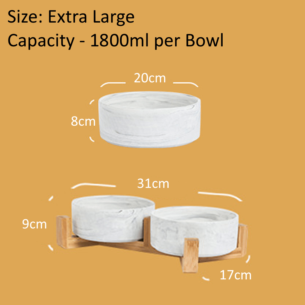 Double Marble Ceramic Bowls With Bamboo Stand - Bowls from . at DoggyTopia
