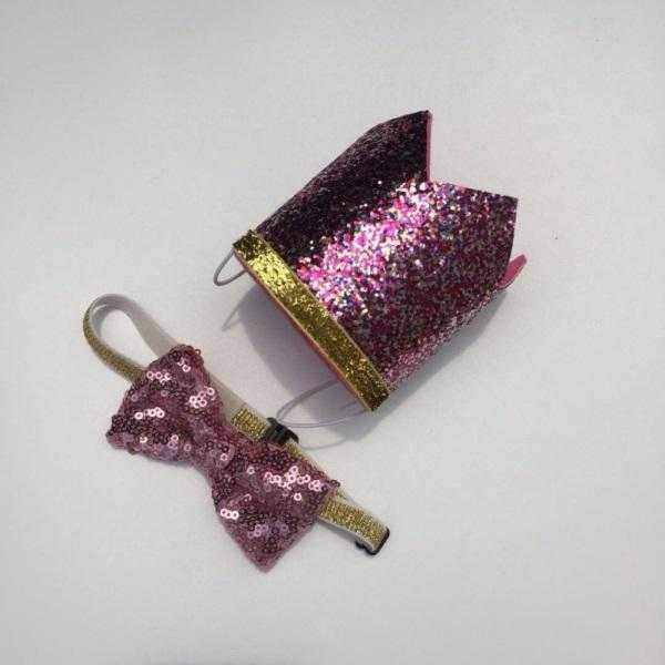 Dog Birthday Crown & Bow Tie Collar - Pink/gold Custom Age - Dog Party Hats from . at DoggyTopia