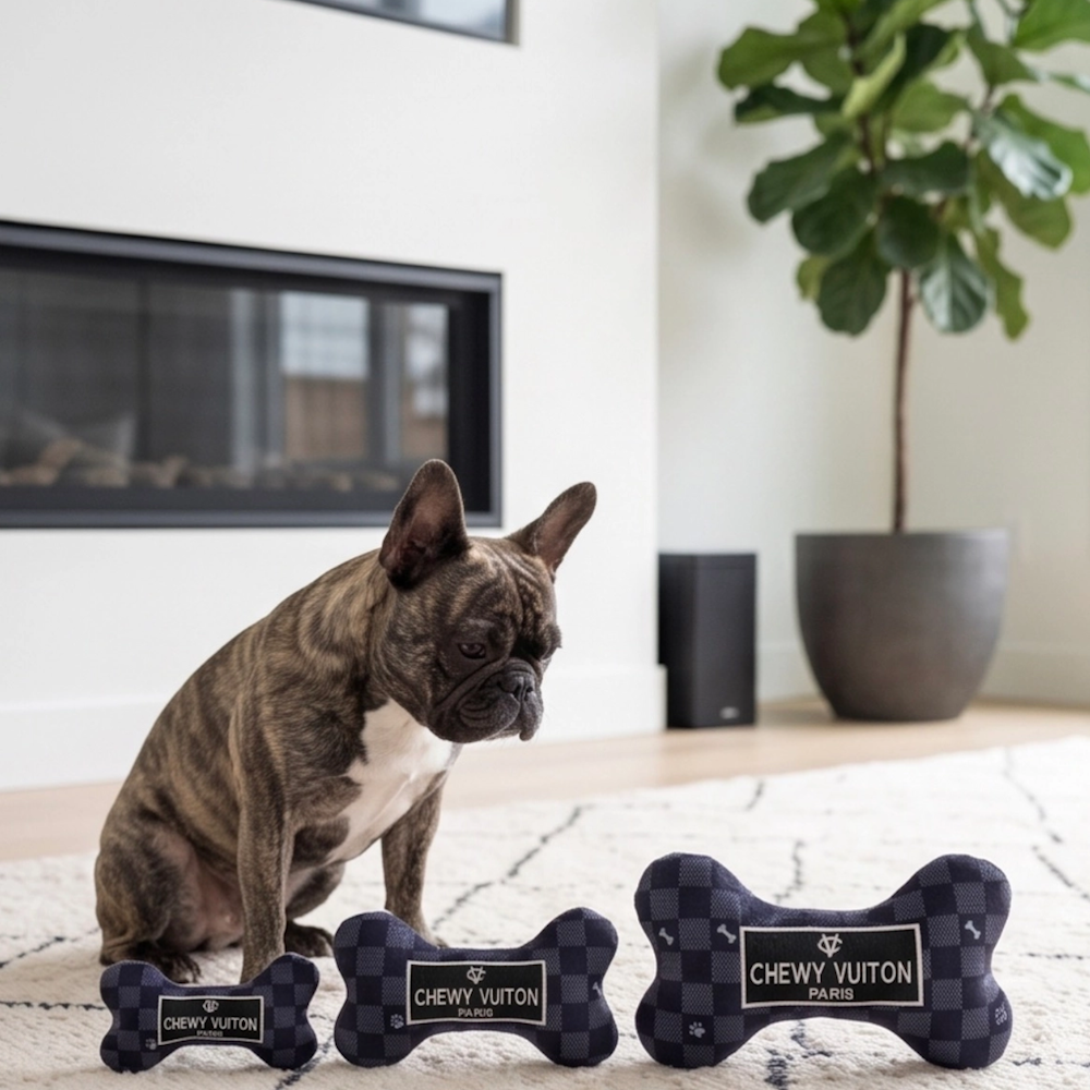 Black Chewy Vuiton Checker Bone Dog Toy