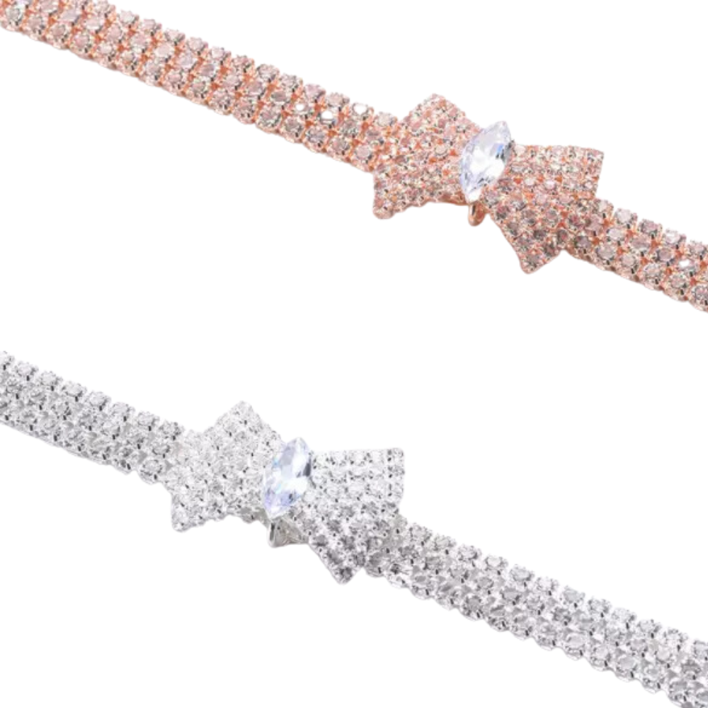 Diamante Bow Dog Necklace - Silver