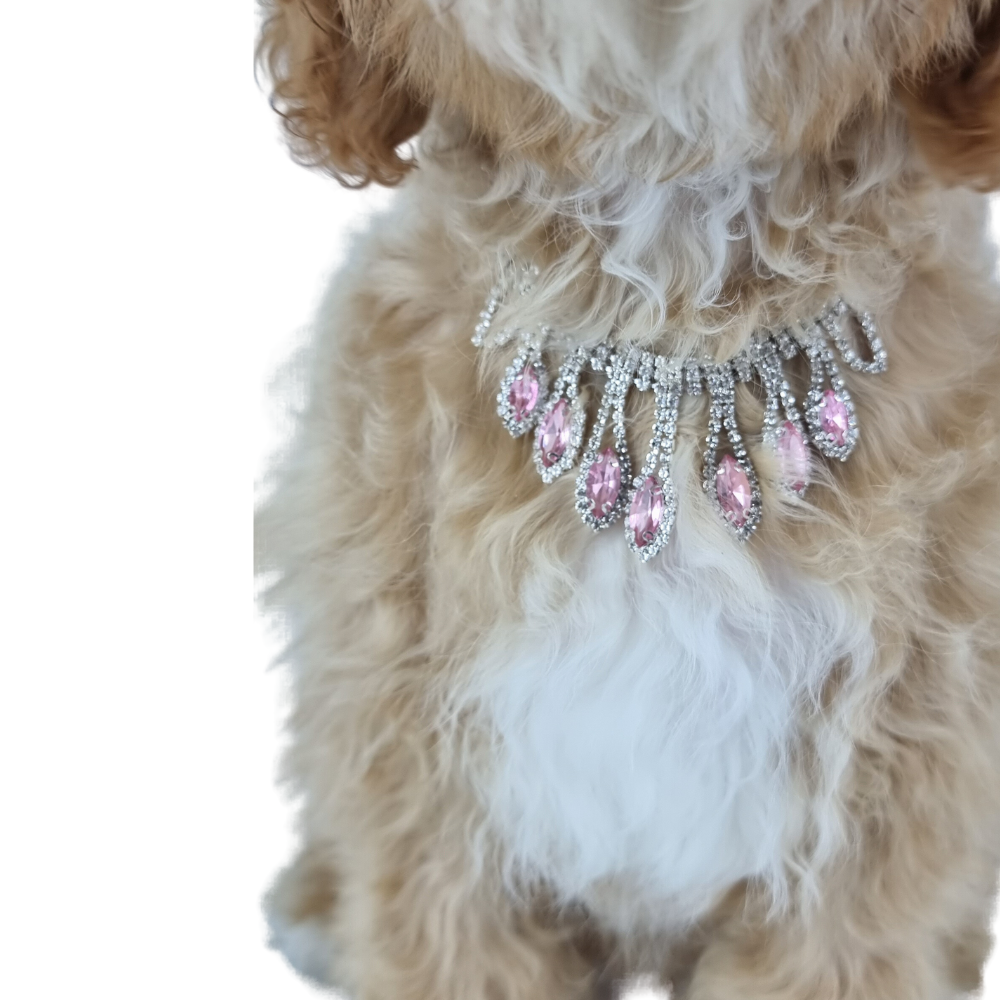 Diamante Tear Drop Dog Necklace - Pink
