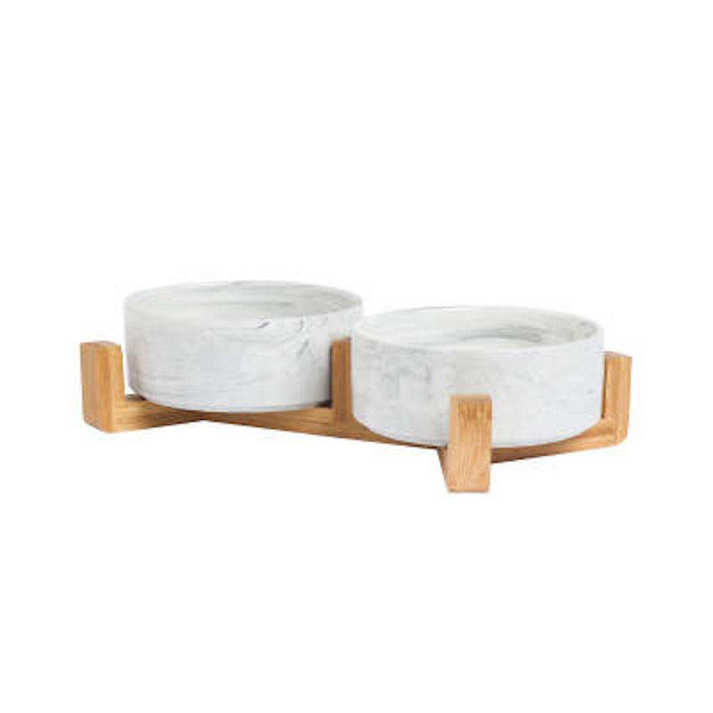 Double Marble Ceramic Bowls With Bamboo Stand