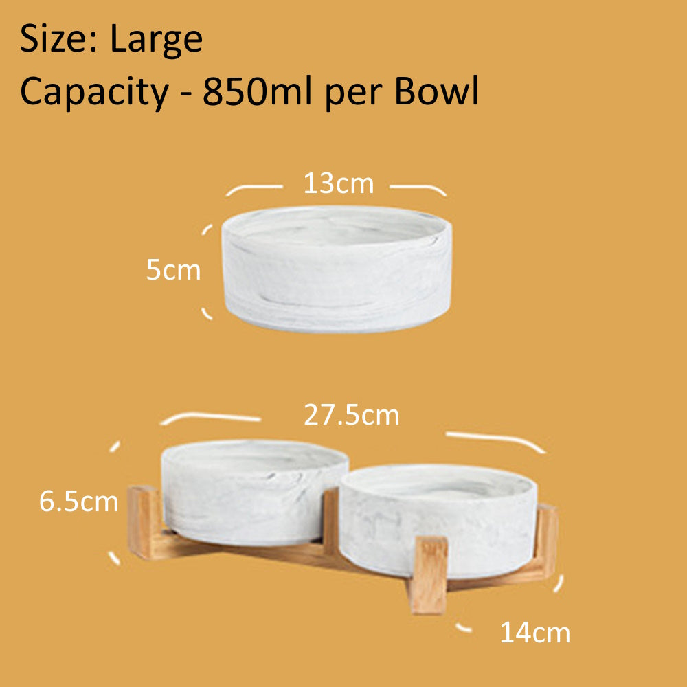 Double Marble Ceramic Bowls With Bamboo Stand