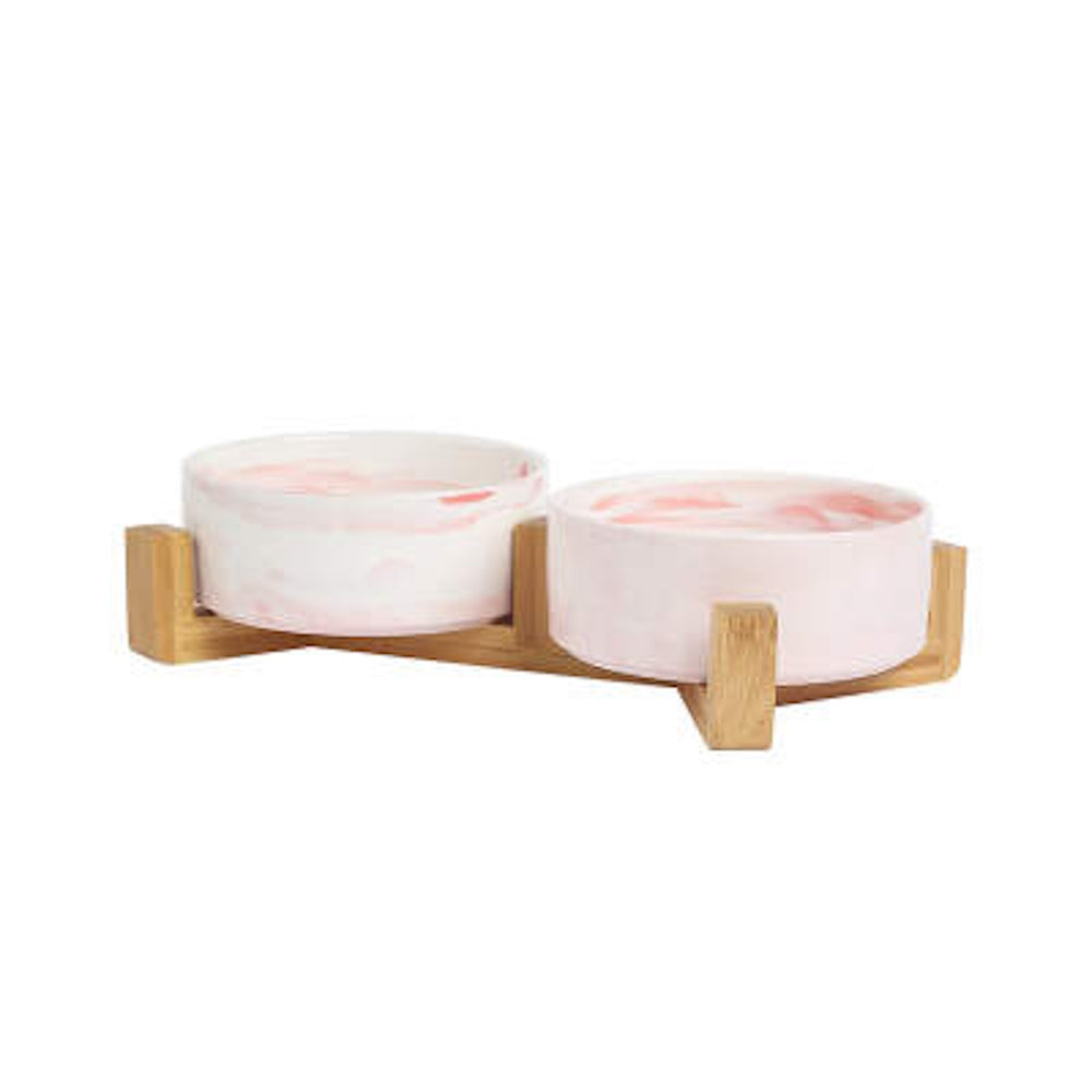 Double Marble Ceramic Bowls With Bamboo Stand