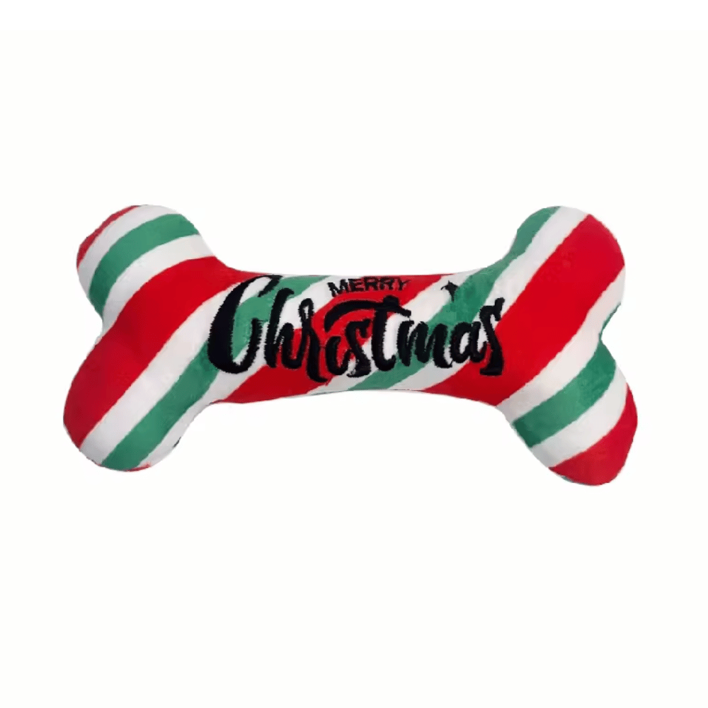 Merry Christmas Candy Stripe Plush Bone Dog Toy