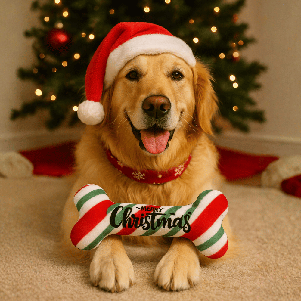 Merry Christmas Candy Stripe Plush Bone Dog Toy