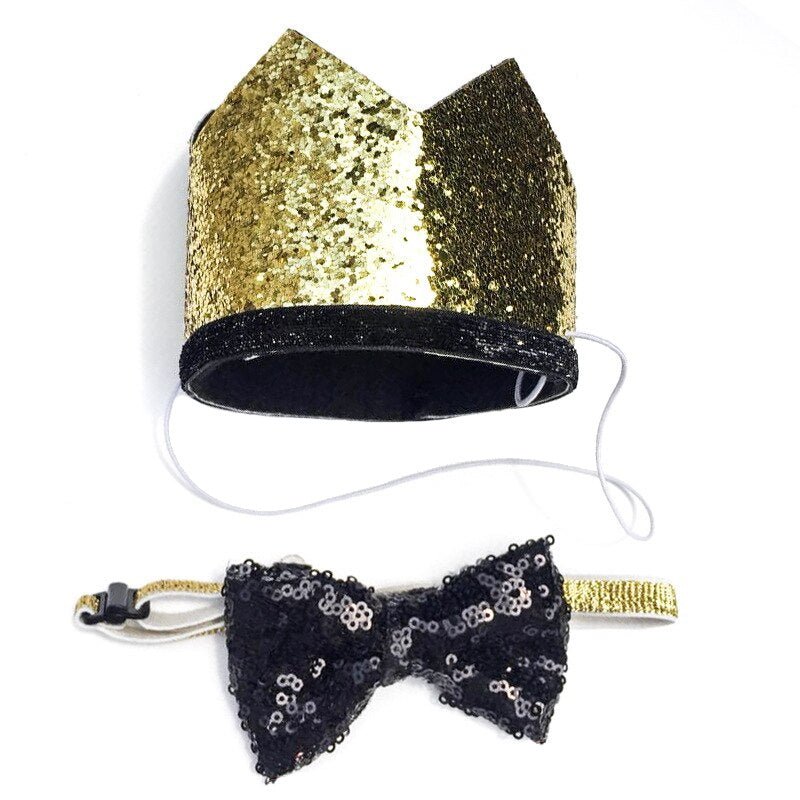 Dog Birthday Crown & Bow Tie Collar - Gold & Black with Custom Age - Dog Party Hats from . at DoggyTopia
