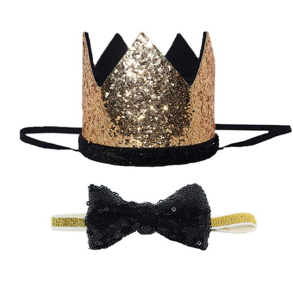 Dog Birthday Crown With Base & Bow Tie Collar - Gold & Black - Dog Party Hats from . at DoggyTopia
