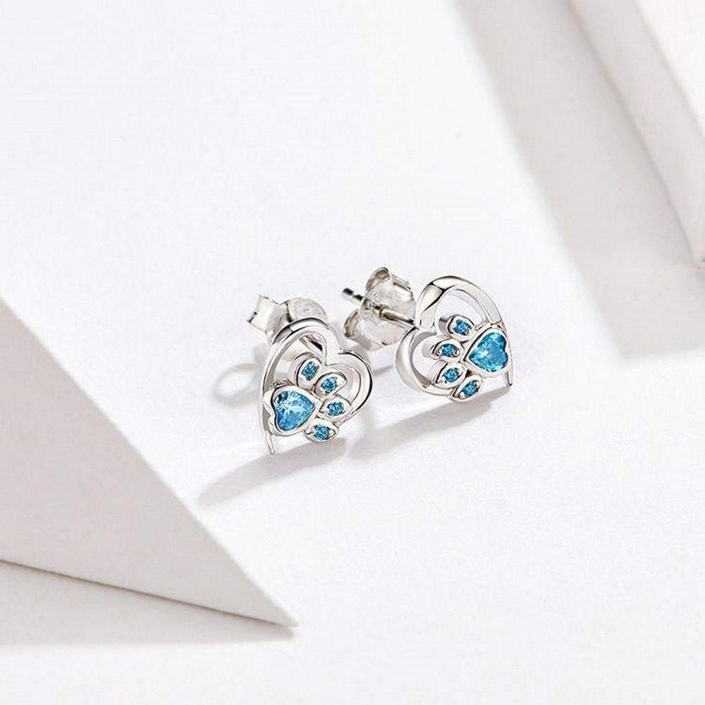Love Heart Paw Sterling Silver Stud Earrings - Blue - Earrings from . at DoggyTopia