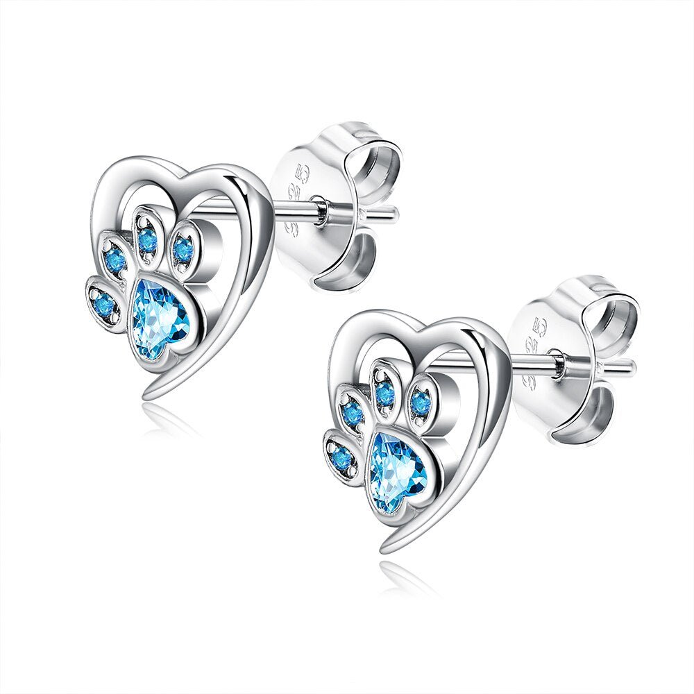 Love Heart Paw Sterling Silver Stud Earrings - Blue - Earrings from . at DoggyTopia