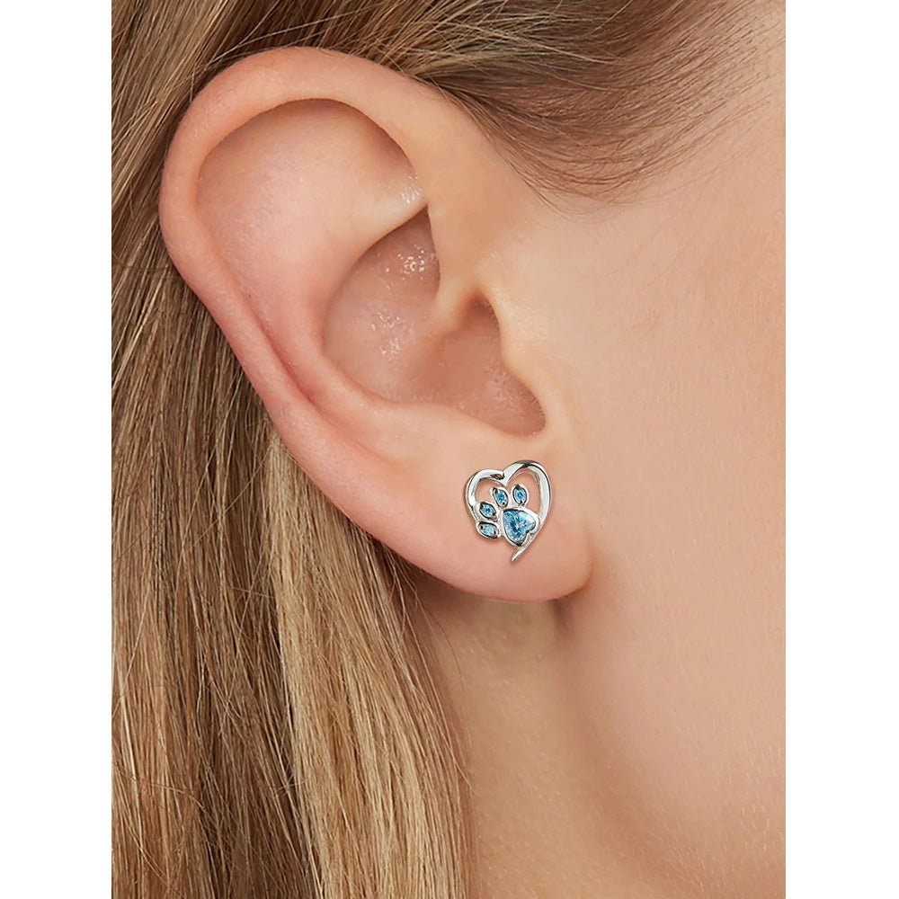Love Heart Paw Sterling Silver Stud Earrings - Blue - Earrings from . at DoggyTopia