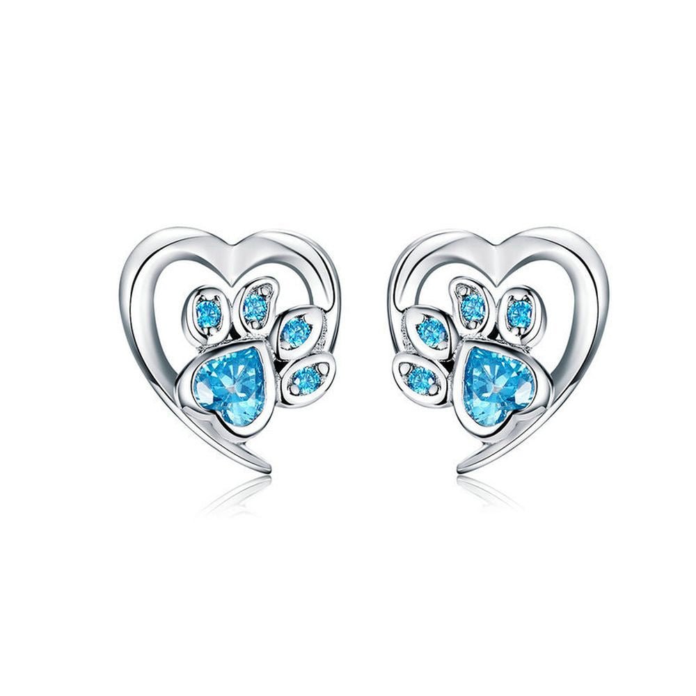 Love Heart Paw Sterling Silver Stud Earrings - Blue - Earrings from . at DoggyTopia