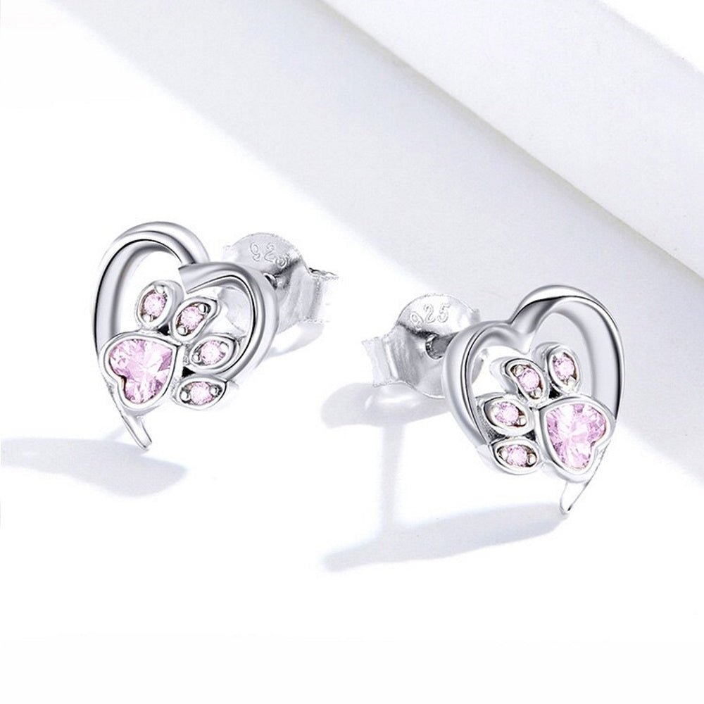 Love Heart Paw Sterling Silver Stud Earrings - Pink - Earrings from . at DoggyTopia