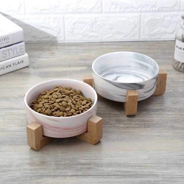 Marble Ceramic Bowl with Bamboo Stand - Bowls from . at DoggyTopia